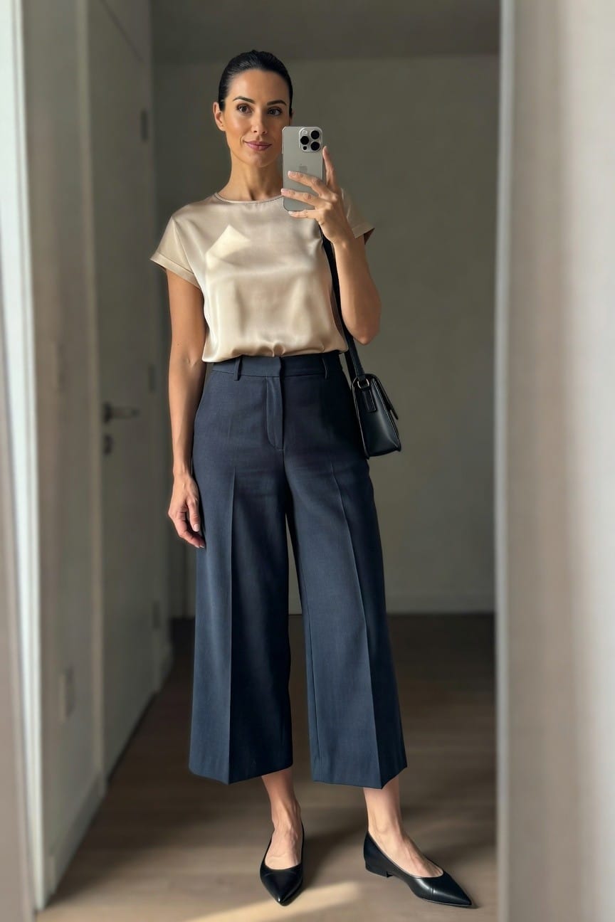 Woman in beige blouse and navy culottes taking a mirror selfie.