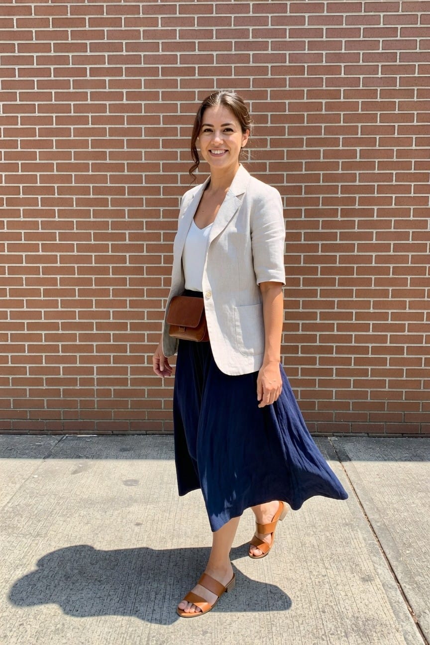 Woman in beige blazer and navy skirt smiling by brick wall.