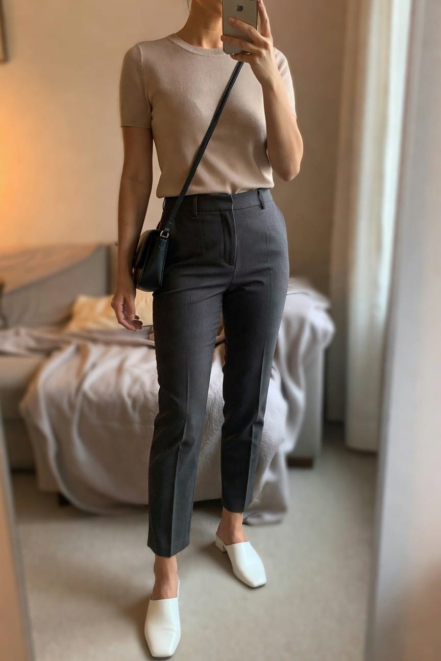 Woman in a beige short-sleeve knit top tucked into gray tailored trousers, wearing white square-toe mules and carrying a small black crossbody bag, shown in a mirror selfie.
