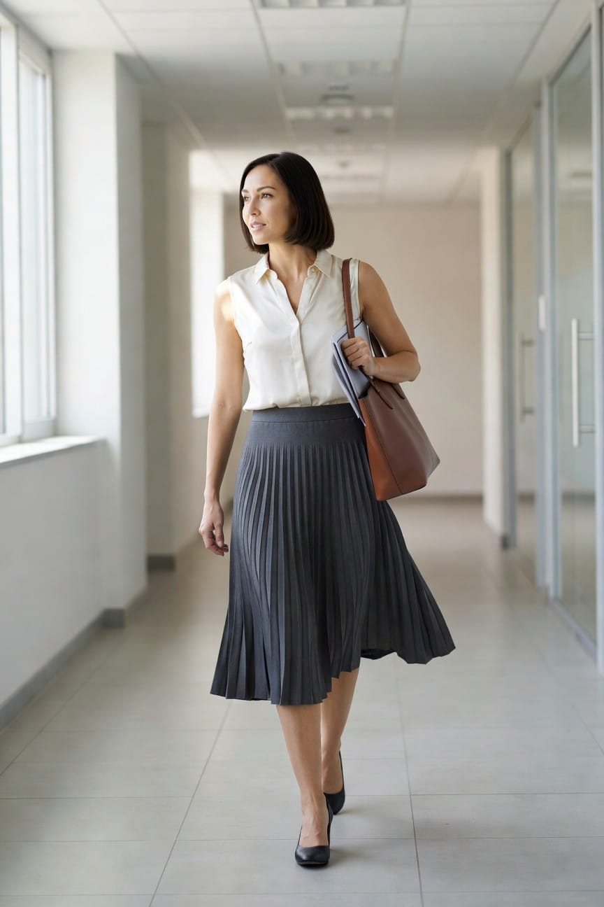 Woman in sleeveless white blouse and gray pleated skirt walks in hallway.