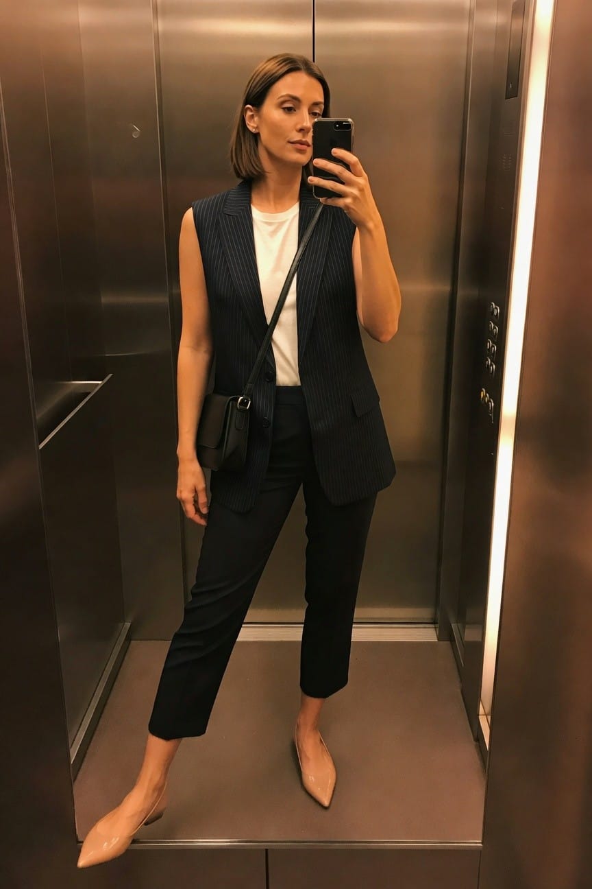 Woman in navy pinstripe vest and black pants taking an elevator selfie.
