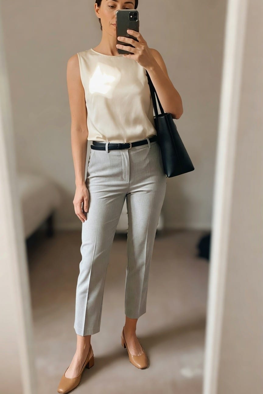 Woman in cream top and light gray trousers taking a mirror selfie.