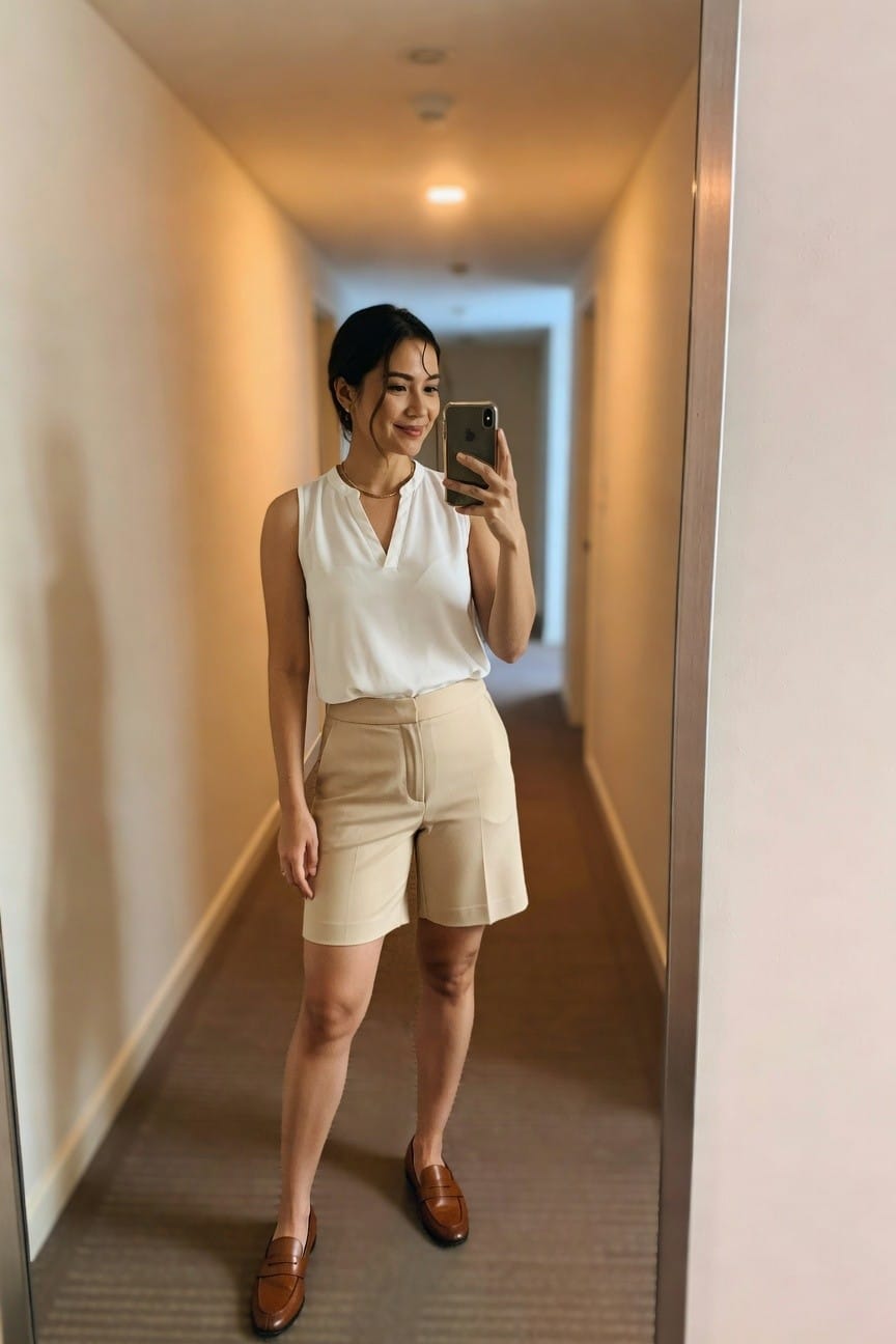 Woman in white sleeveless top and beige shorts taking a mirror selfie.