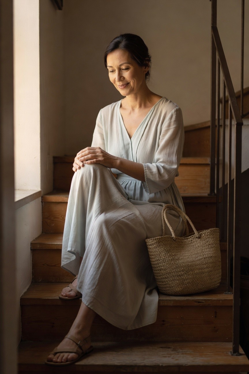 Soft Neutral Wrap With Wide Pants