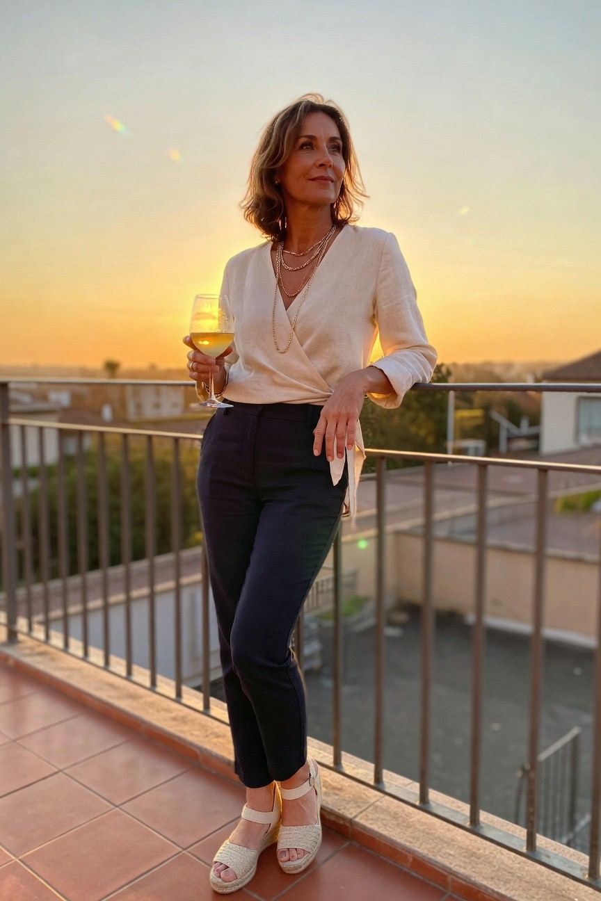 Woman wearing a cream wrap blouse tucked into navy slim trousers with beige wedge sandals and layered gold necklaces.