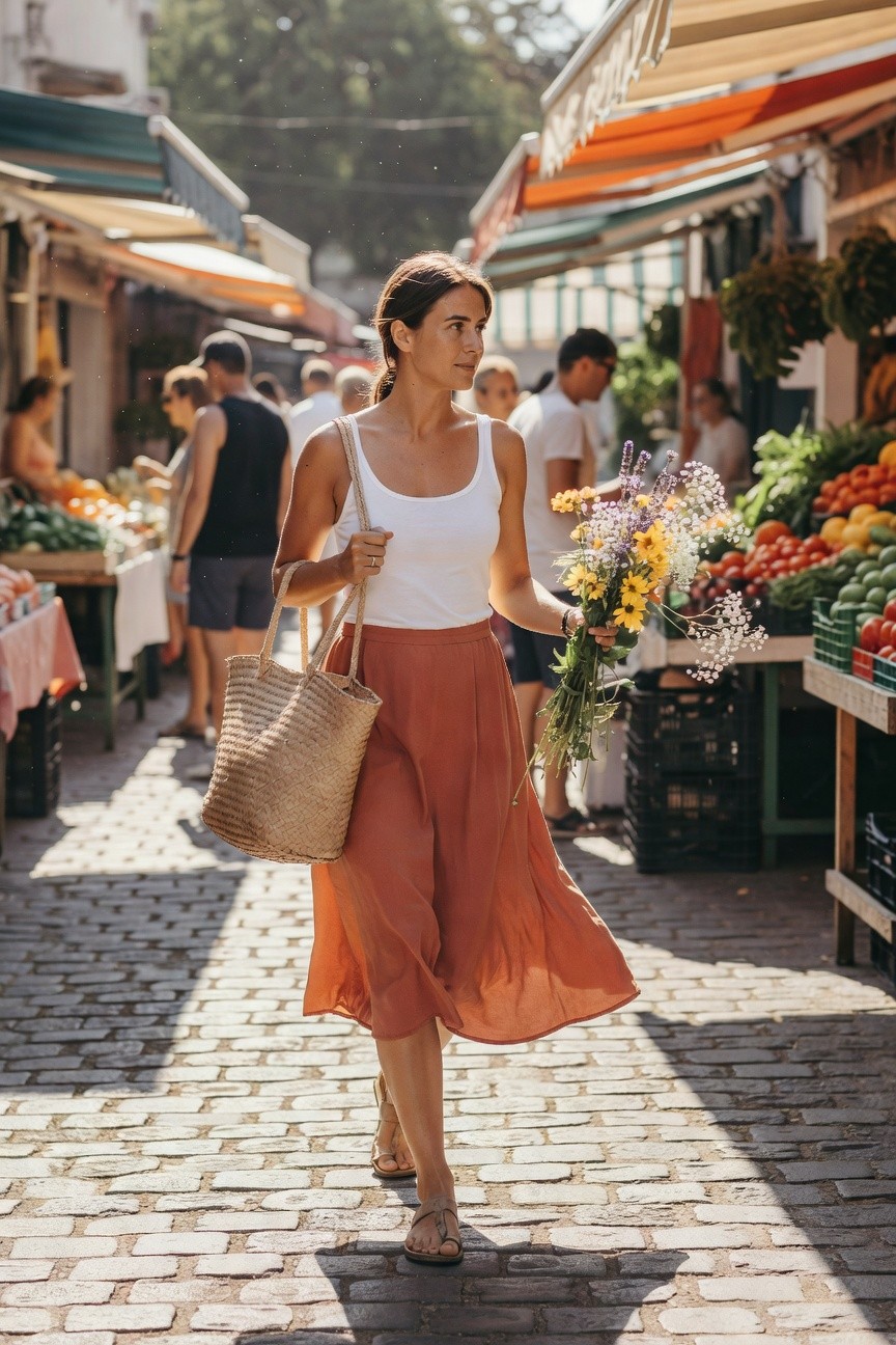 Basic White Tank And Flowy Rust Skirt