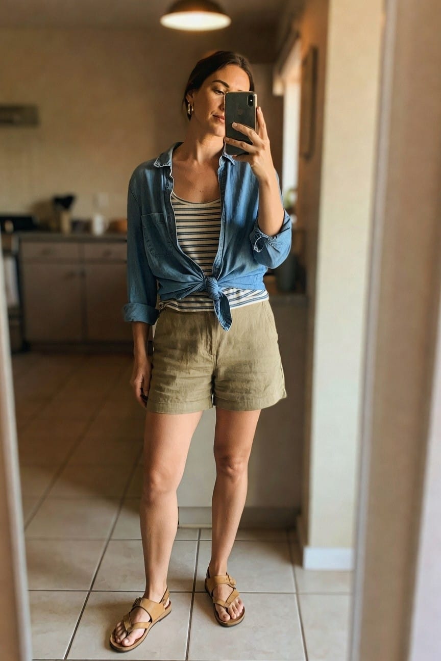 Denim Shirt Tied Over A Striped Tank And Shorts