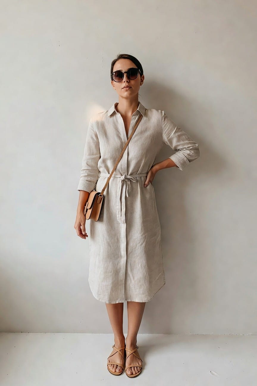 Woman wearing a light beige linen midi shirt dress with rolled sleeves and a front tie belt, paired with a small tan crossbody bag and strappy flat sandals.