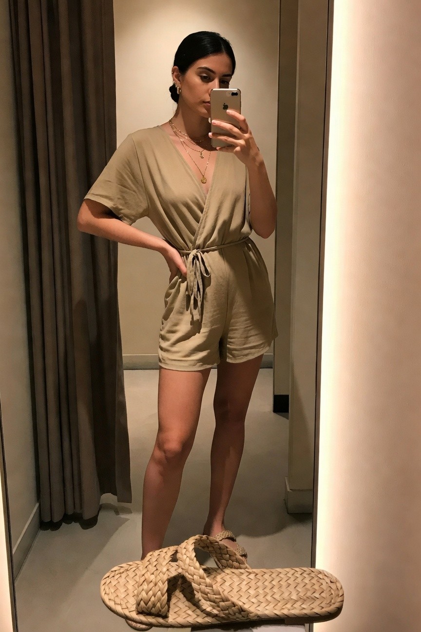 Beige Romper With Woven Slides