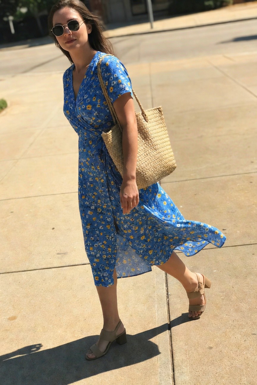 Blue Floral Wrap Dress With Neutral Sandals