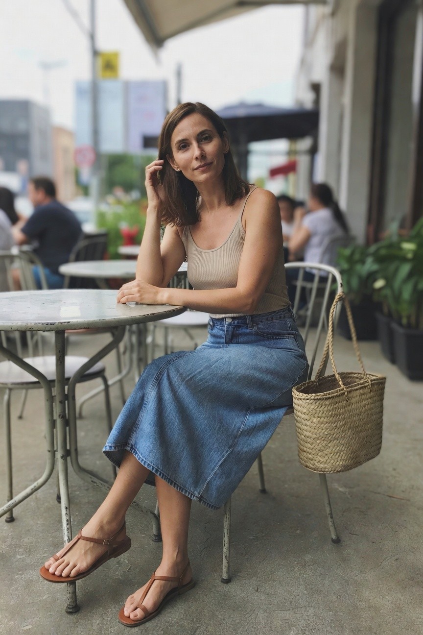 Denim Midi Skirt With A Simple Tank