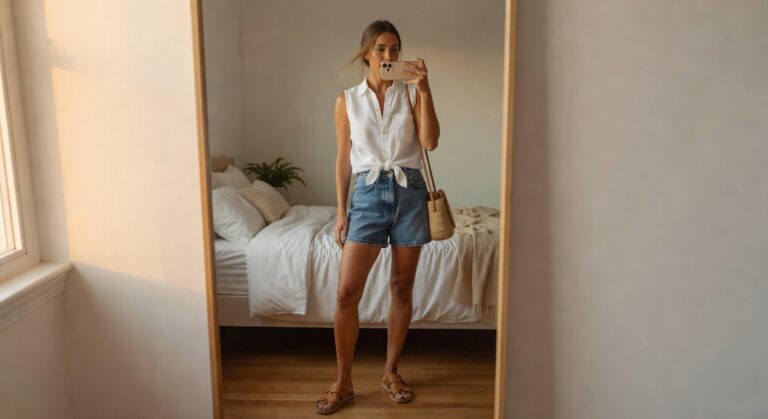 Woman taking a mirror selfie in a white sleeveless button-up shirt tied at the waist over light blue denim shorts with a woven straw bag strap across her body and brown leather slide sandals on her feet.