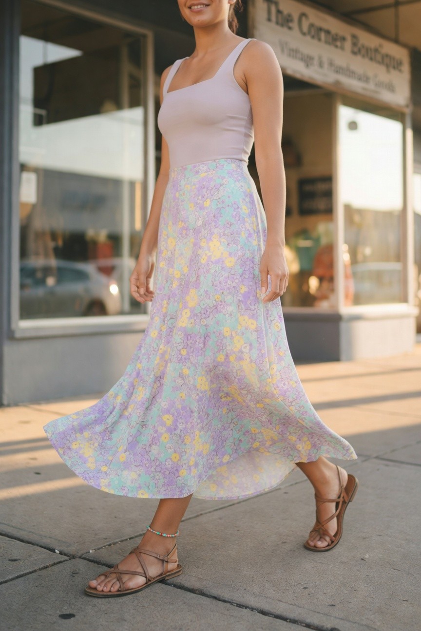 A woman in a lavender square-neck tank top and a pastel floral maxi skirt with yellow and mint details, paired with brown strappy sandals and a beaded anklet.