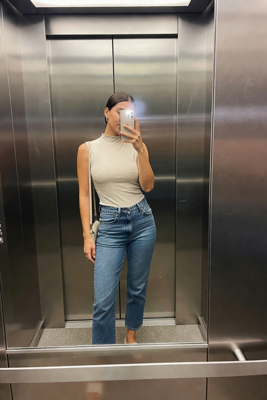 Sleeveless Neutral Top And Classic Jeans