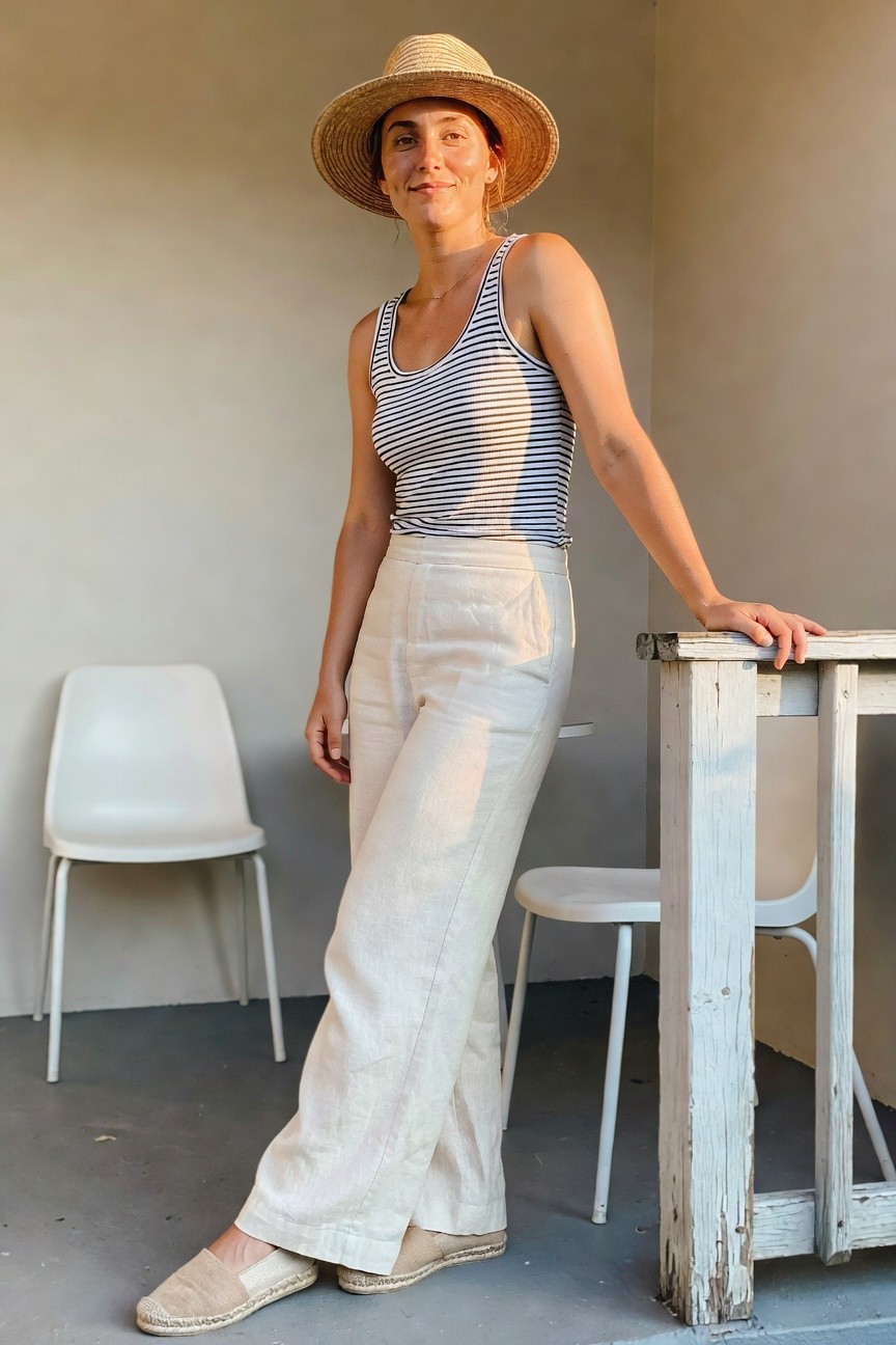 Woman in black and white striped tank top with wide leg white linen pants, straw hat, and beige espadrilles standing outdoors.