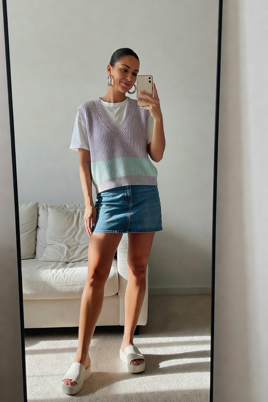Sweater Vest Over A Basic Tee And Denim Skirt