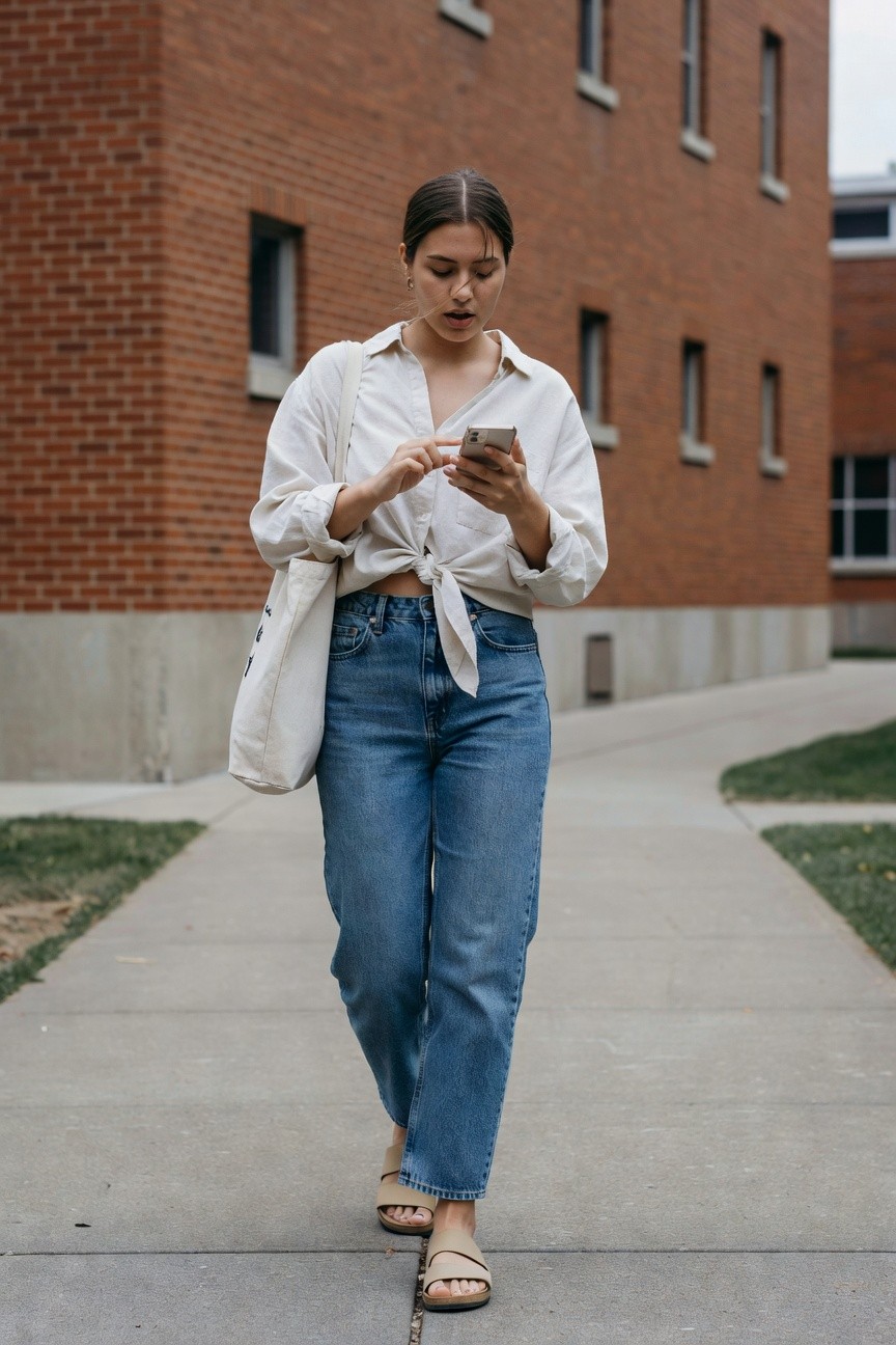 White Button Down With Wide Leg Jeans