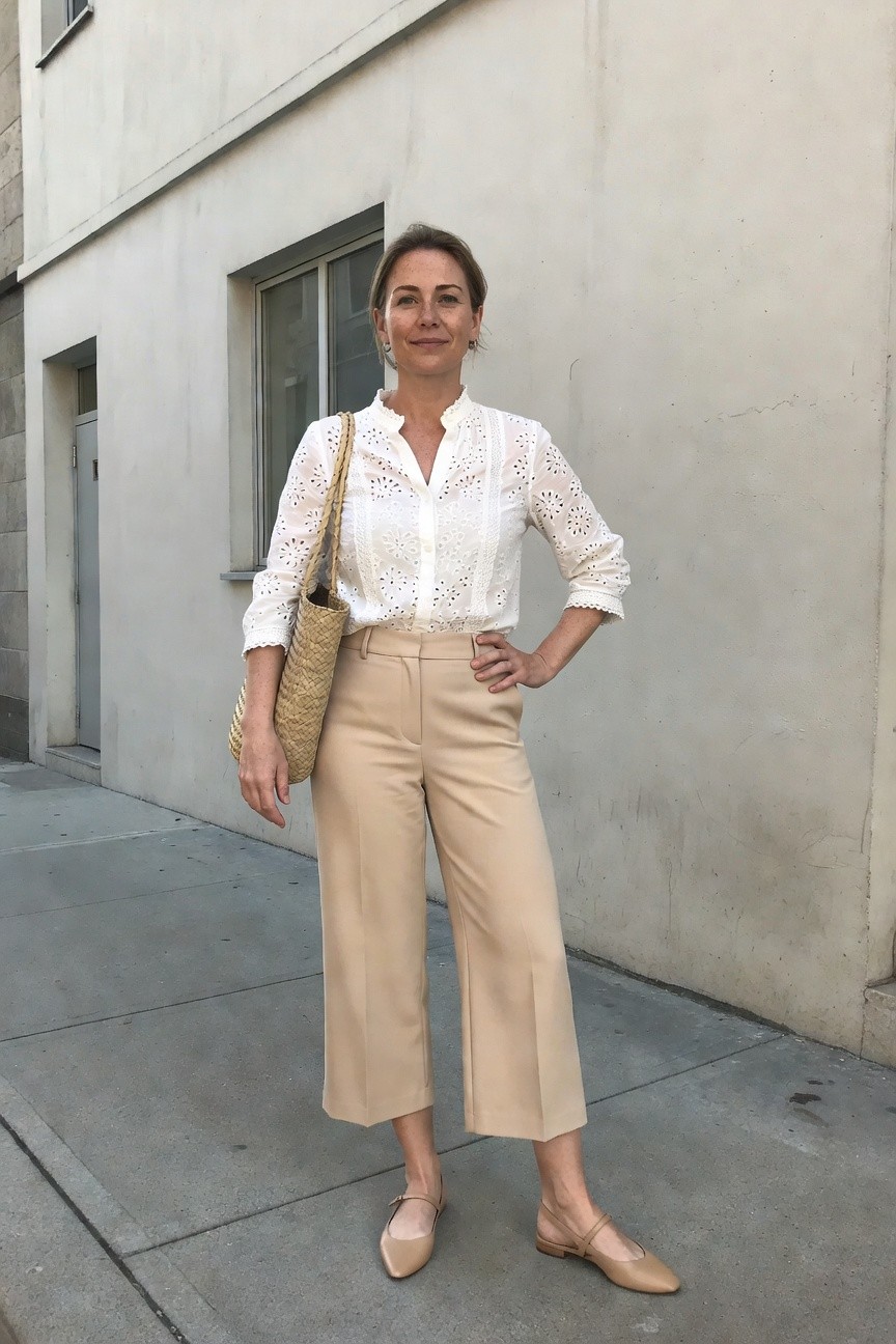 White Eyelet Top With Beige Wide Leg Pants