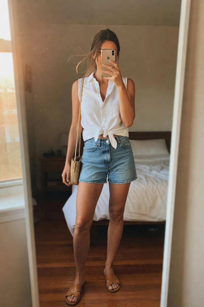 Woman taking a mirror selfie in a white sleeveless button-up shirt tied at the waist over light blue denim shorts with a woven straw bag strap across her body and brown leather slide sandals on her feet.
