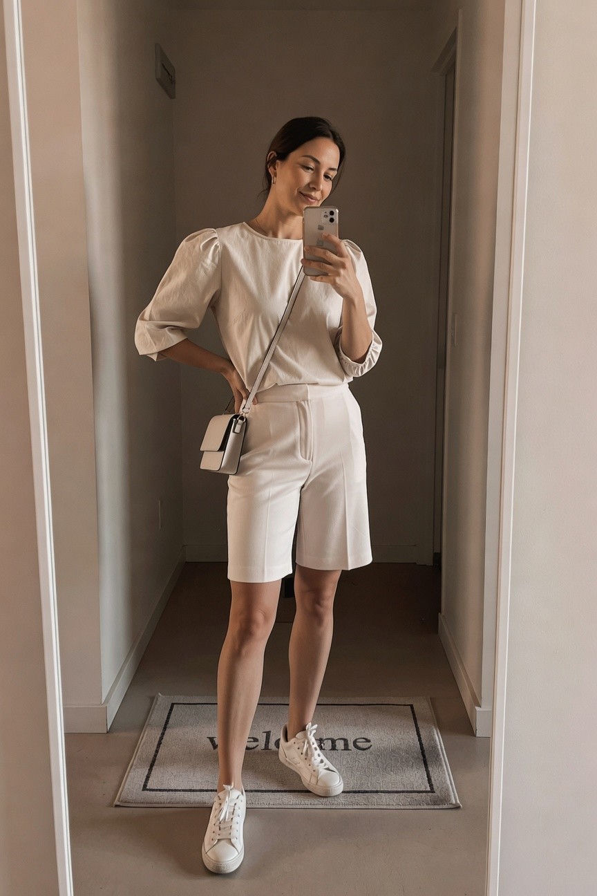 White Shorts And Puff Sleeve Top