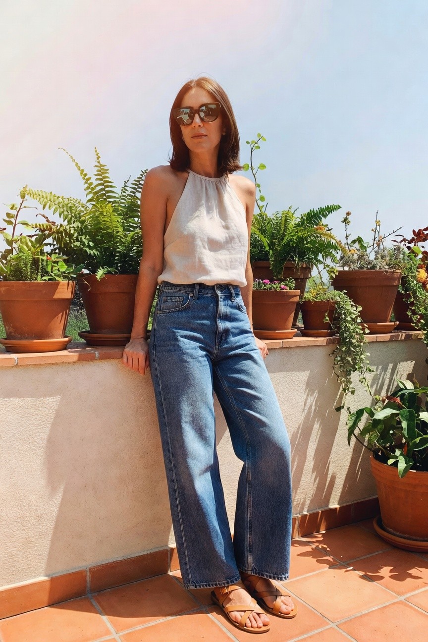 A woman in a beige halter top with wide leg blue jeans and brown strappy sandals standing against a low wall with potted plants behind her.