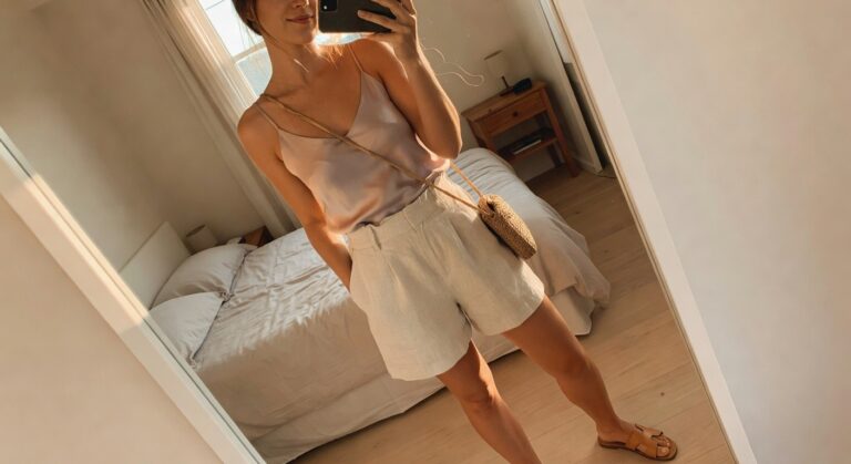 Woman taking a mirror selfie in a bedroom wearing a lavender camisole top, high-waisted beige linen shorts, tan slide sandals, and a small woven crossbody bag with a gold chain strap.