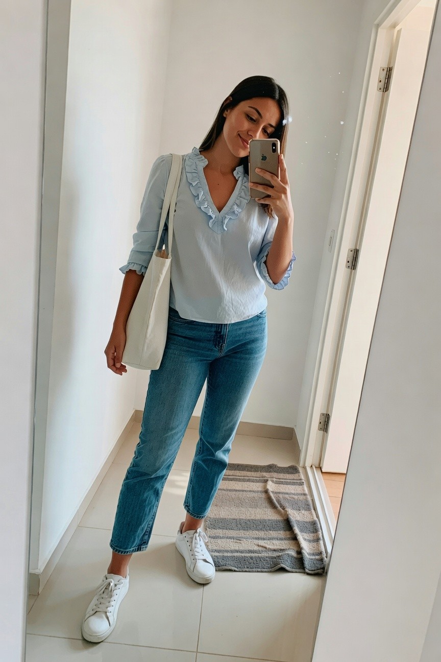 Light Blue Ruffle Top With Straight Jeans