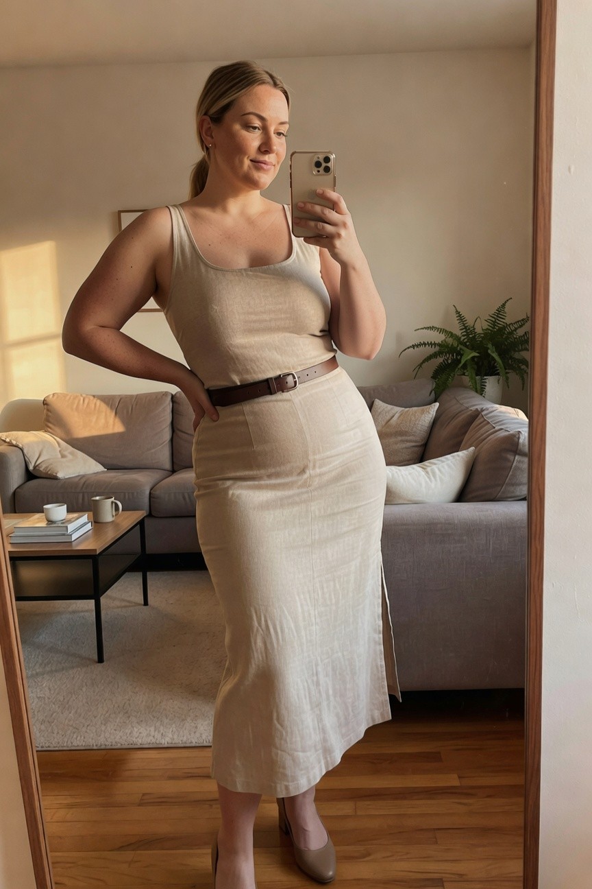 Linen Tank Top And Belted Midi Skirt