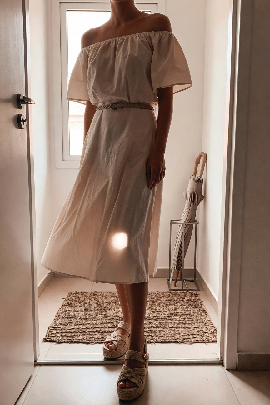 Woman wearing a cream off-shoulder top with short puff sleeves and a braided belt at the waist, paired with a matching midi skirt and platform woven sandals.