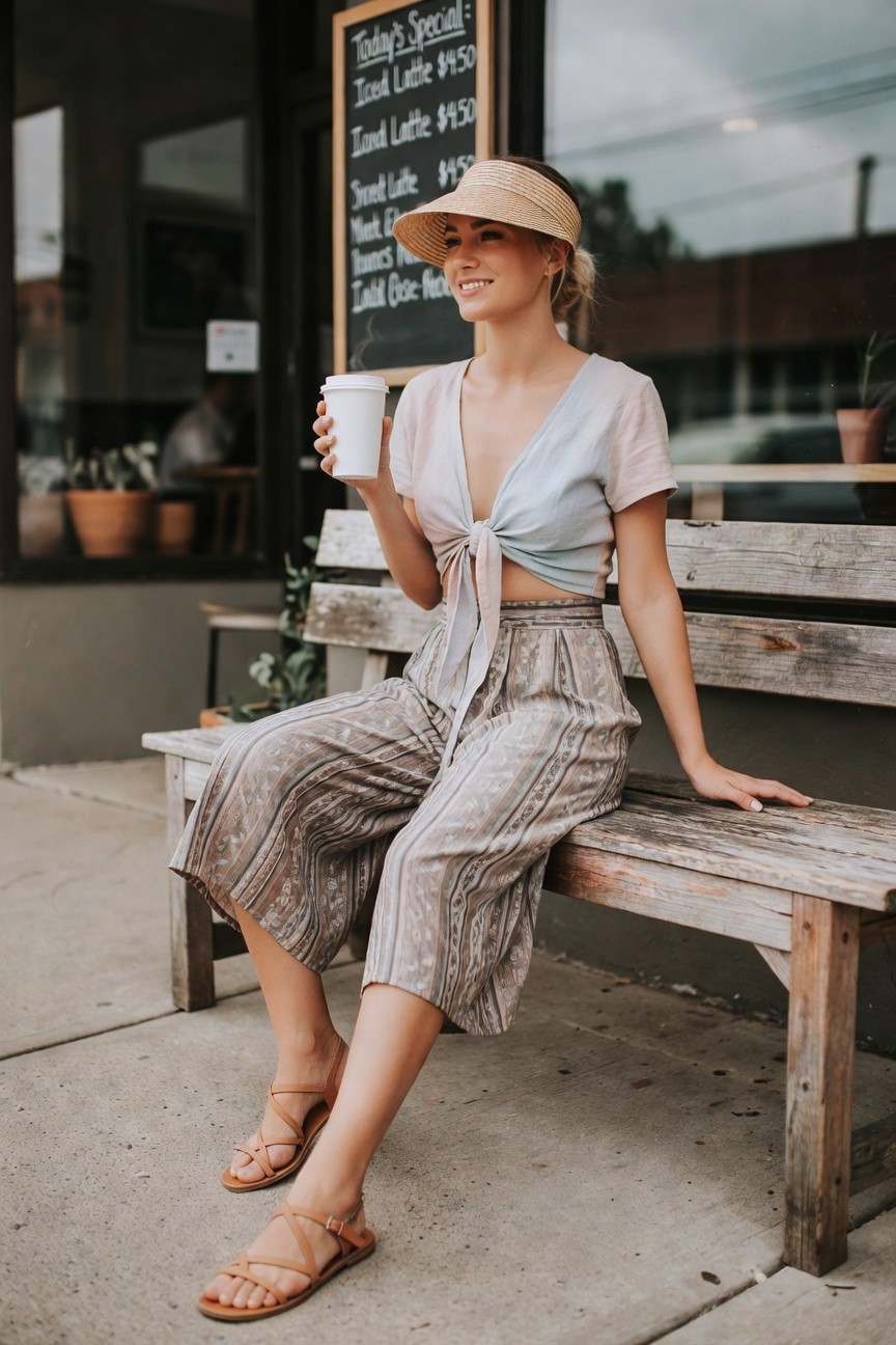 Tie Front Top With Printed Pants