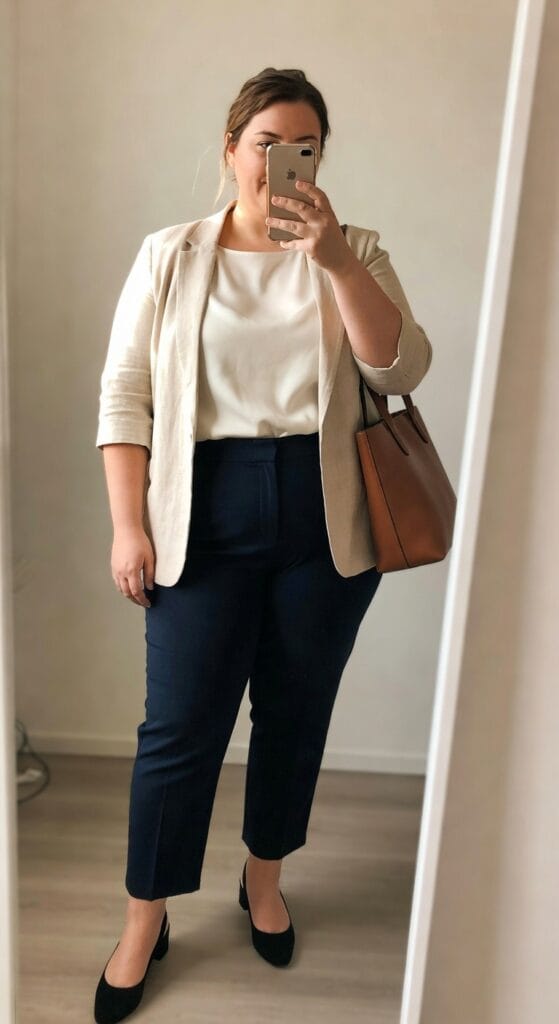 A plus-size individual poses in a light beige blazer over a white top, paired with navy trousers and black heels, holding a brown tote bag in a minimalist setting.