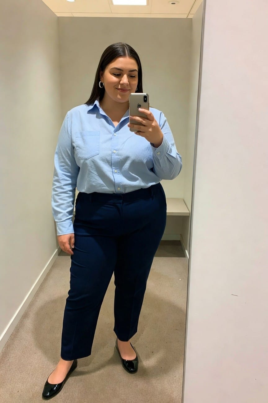 Woman in light blue shirt and navy pants taking mirror selfie.