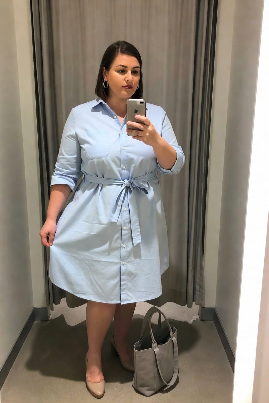 Woman in light blue shirt dress taking mirror selfie with gray tote bag.