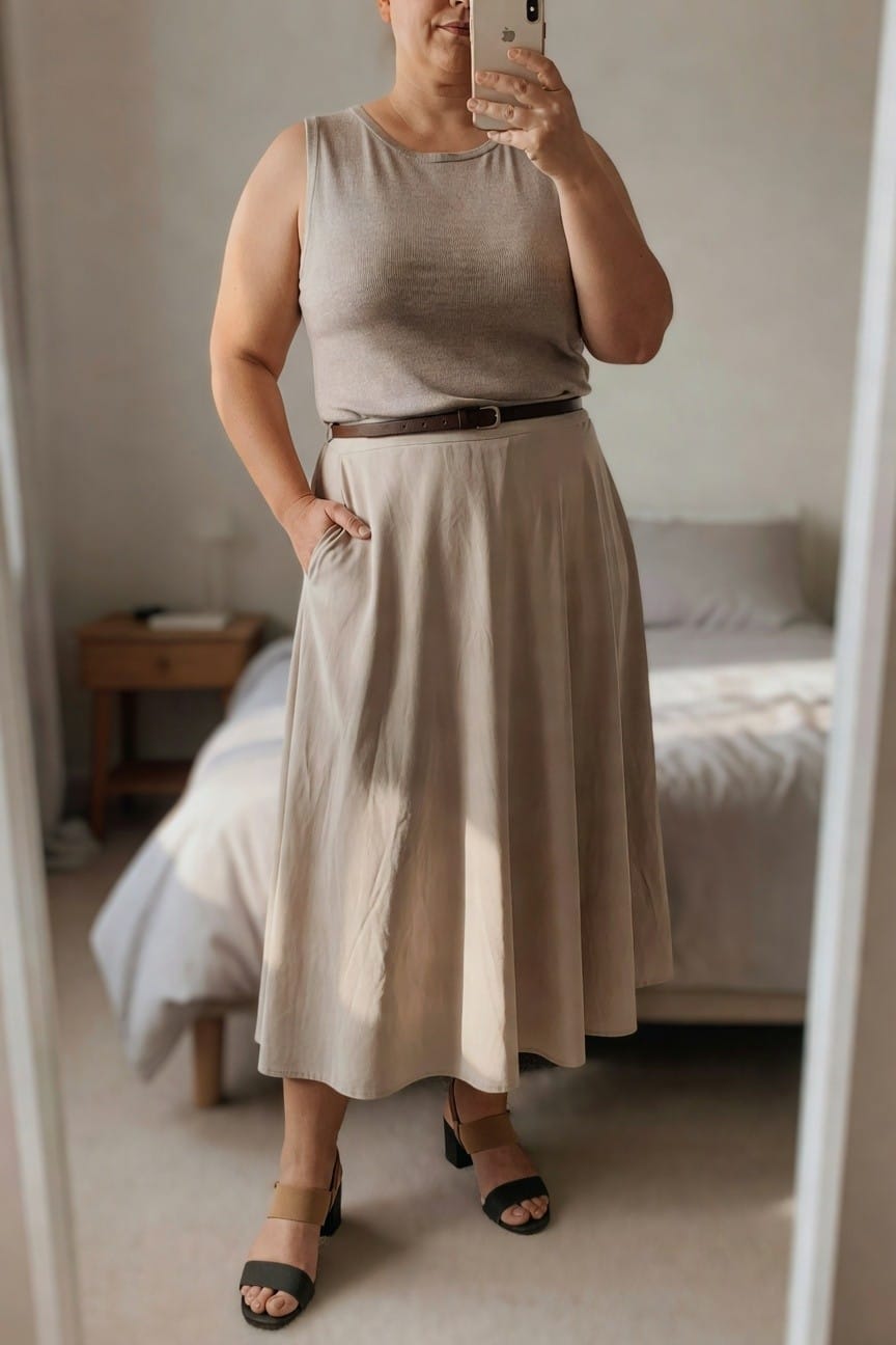Woman in beige tank top and flowing midi skirt taking a mirror selfie.