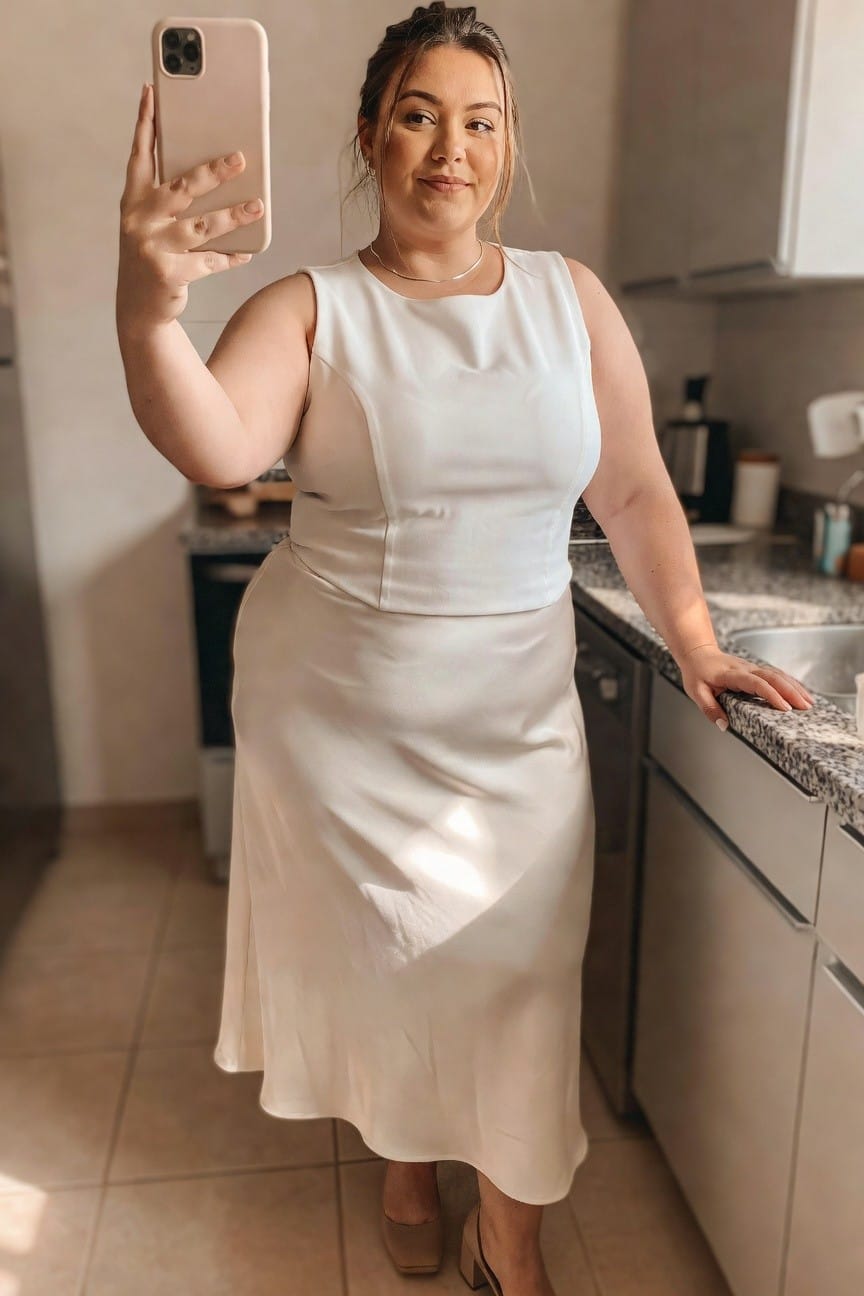 Woman in white satin dress taking selfie in kitchen.