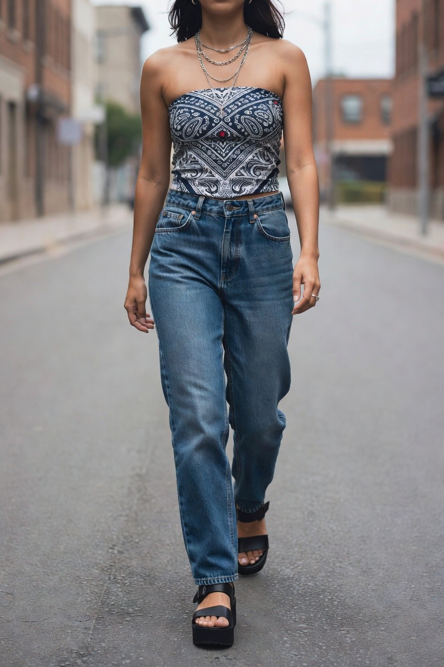 Bandeau Top Styled With Straight Cut Jeans