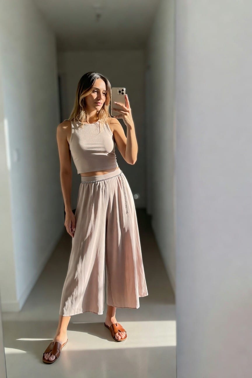 Woman wearing a beige sleeveless crop top and light pink wide-leg pants with a side chain detail, paired with brown slides, posing in a mirror selfie.
