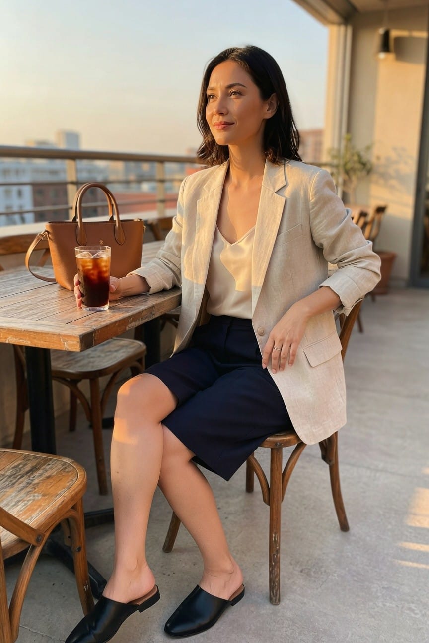 Linen Blazer Over Camisole And Midi Skirt