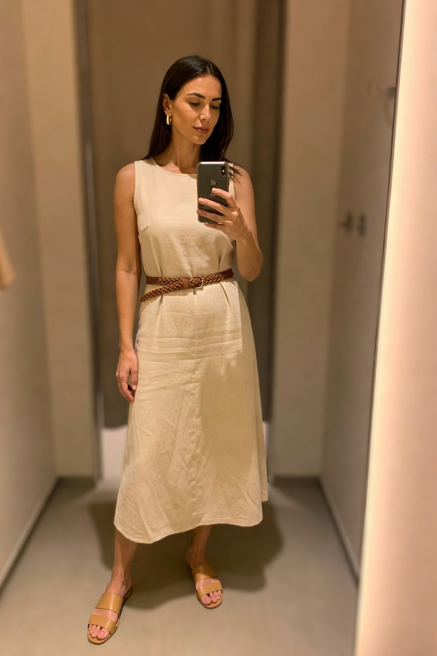 Linen Midi Dress With Braided Belt