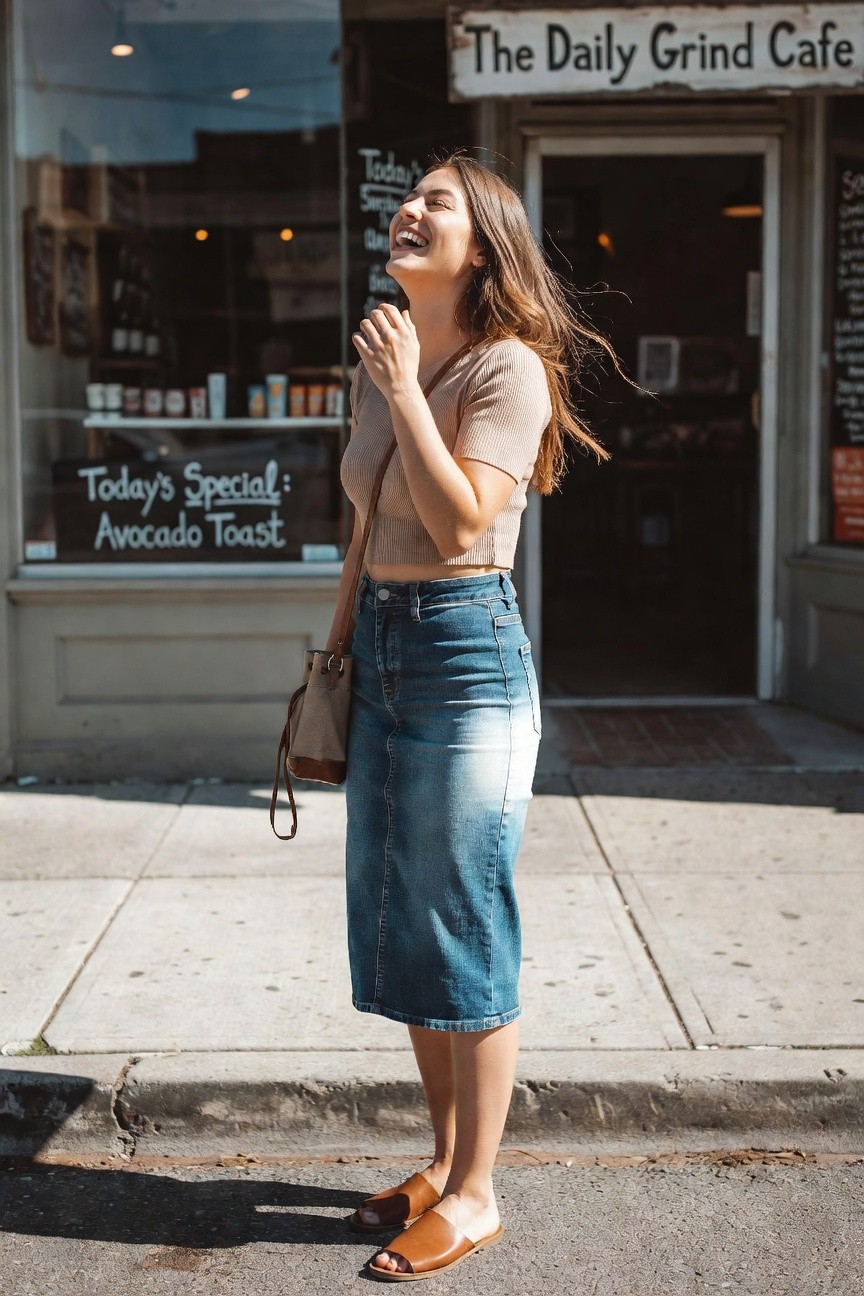 Woman in beige ribbed crop top and blue denim midi skirt with brown slides and beige crossbody bag standing on sidewalk outside cafe