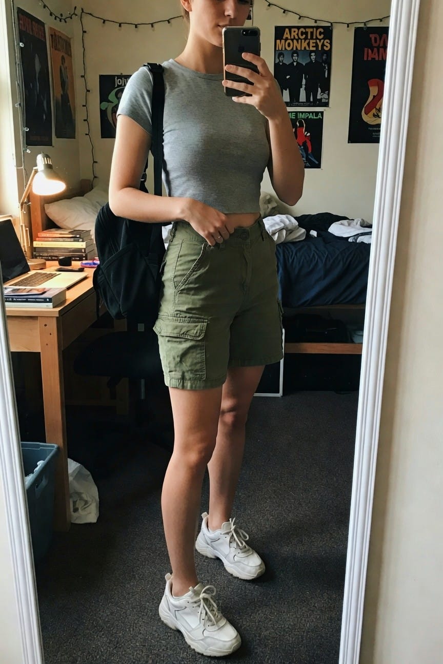 Olive Cargo Shorts With A Grey Crop Top