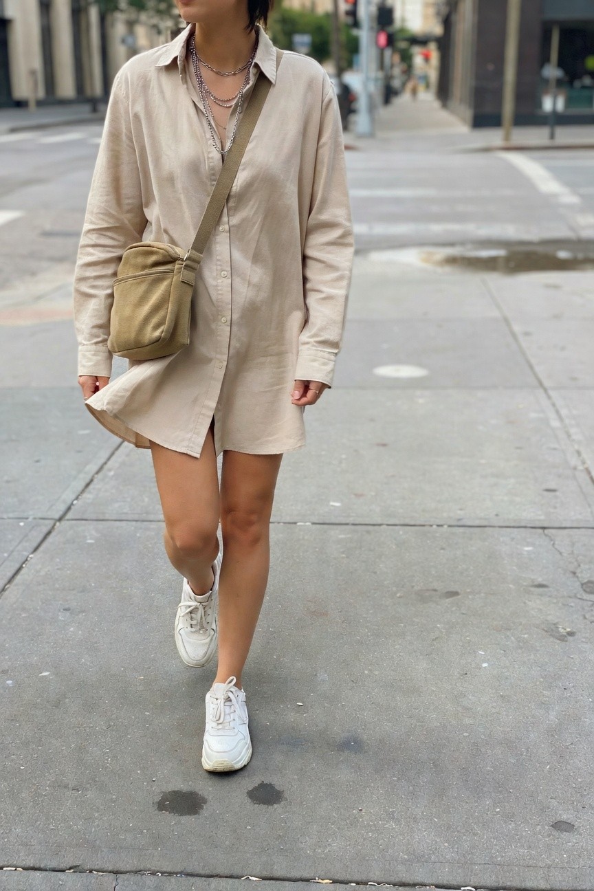 Oversized Shirt Dress With White Sneakers