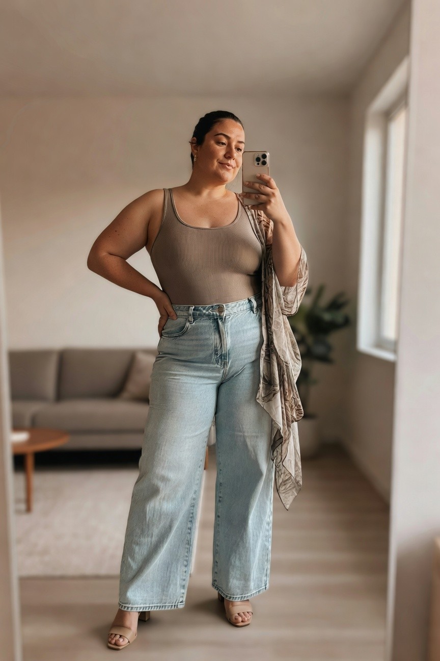 Plus size woman wearing a beige ribbed tank top tucked into light blue wide leg jeans with a patterned scarf draped over one shoulder and beige heeled sandals while taking a mirror selfie.