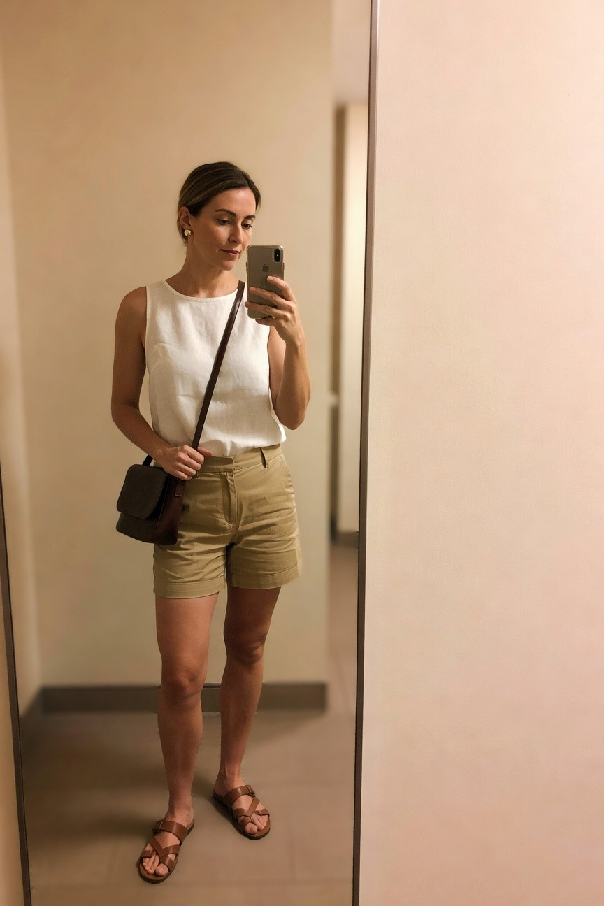 White Tank Top And Khaki Shorts