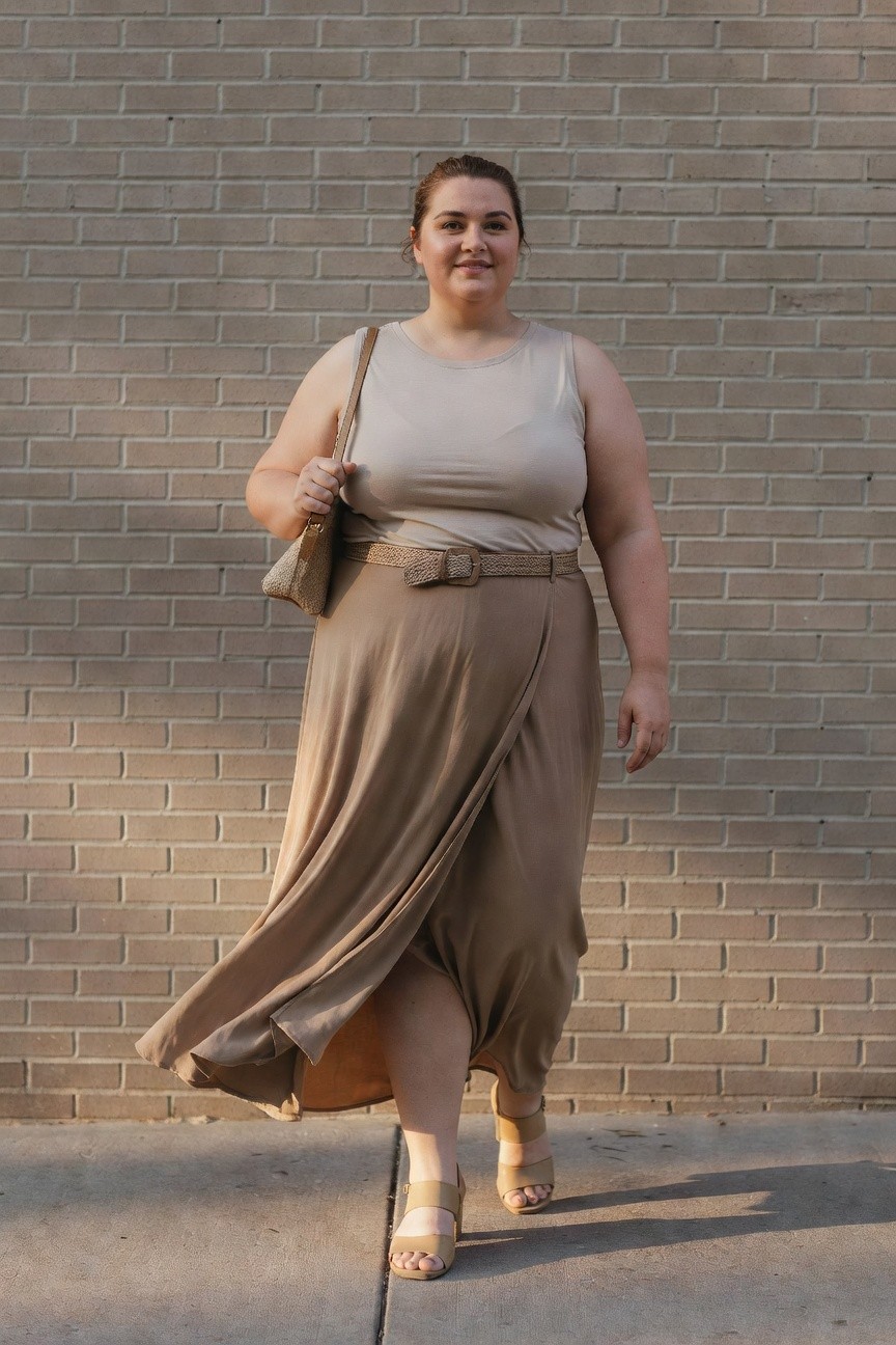 Woman in beige outfit with woven belt and shoulder bag by brick wall.
