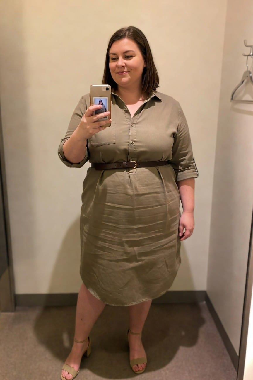 Woman in olive shirt dress and belt taking a mirror selfie.
