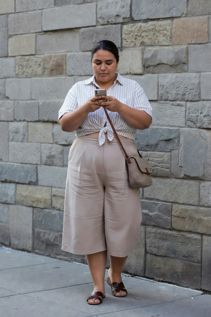 Woman in beige outfit checks phone against stone wall.