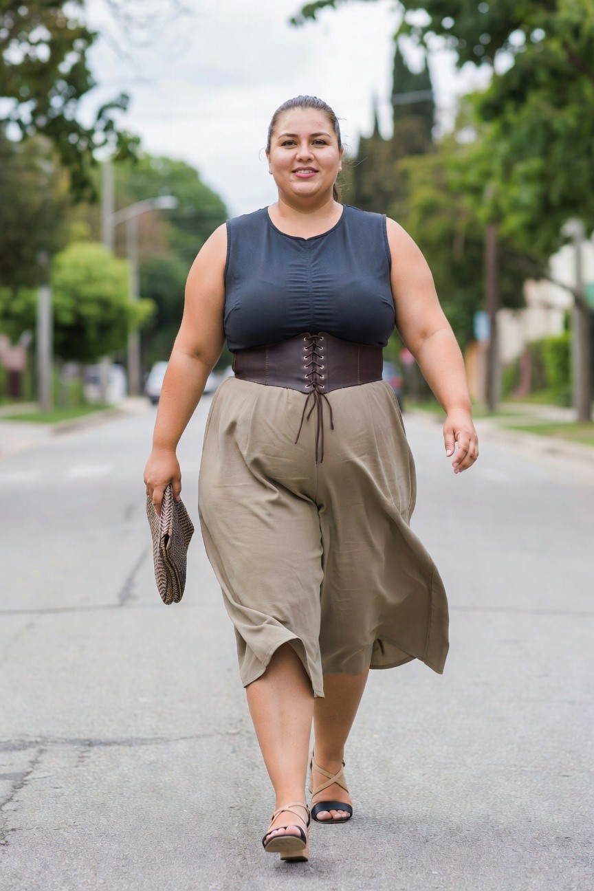 Woman in taupe wide-leg pants and corset belt walking on street.