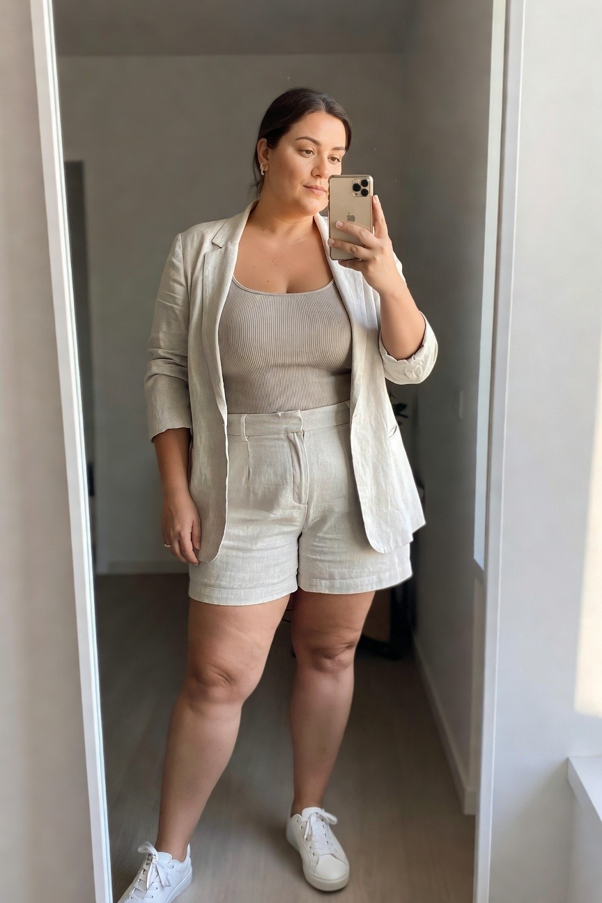 Woman in beige linen blazer and shorts takes a mirror selfie.