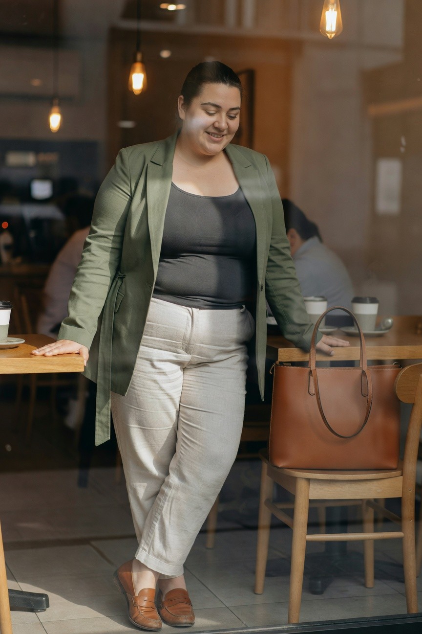 Smiling woman in green blazer and beige pants beside brown tote bag in cafe.